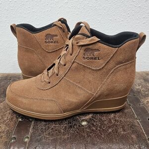 Sorel women's Evie Sport Lace brown suede wedge booties size 8